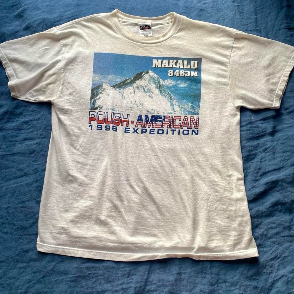 Vintage 90s White and Blue Graphic Short Sleeve Tee